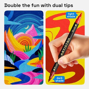 May include: A black ARTISTRO dual-tip marker with a red brush tip is held against a colorful abstract background. The marker has a brush tip and a dark shade tip. The text "Double the fun with dual tips" is at the top.