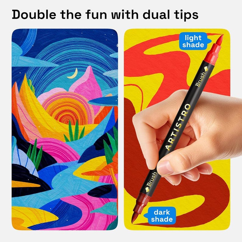 May include: A black ARTISTRO dual-tip marker with a red brush tip is held against a colorful abstract background. The marker has a brush tip and a dark shade tip. The text "Double the fun with dual tips" is at the top.