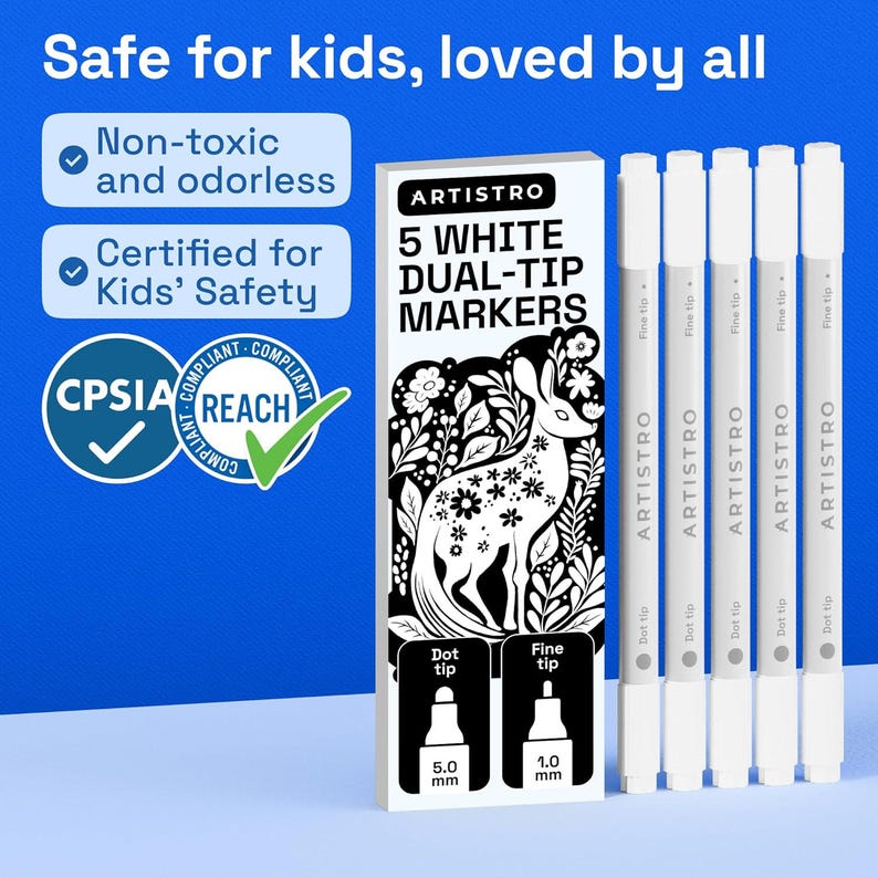 May include: A package of ARTISTRO 5 White Dual-Tip Markers, non-toxic and certified for kids' safety. The box features a black and white illustration of a rabbit with floral details. Each marker has a dot tip (5.0 mm) and a fine tip (1.0 mm).