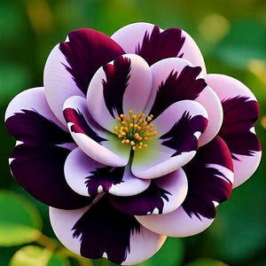 May include: A multi-layered flower featuring rounded petals with a distinct color pattern. Each petal displays a soft lavender base color with deep, dark purple markings radiating from the center. A cluster of bright yellow stamens sits at the core.