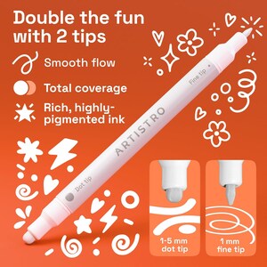May include: A white ARTISTRO marker with a fine tip and a dot tip, against an orange background. The marker has the text "ARTISTRO" printed on it. The image also shows the tip sizes: 1-5 mm dot tip and 1 mm fine tip.
