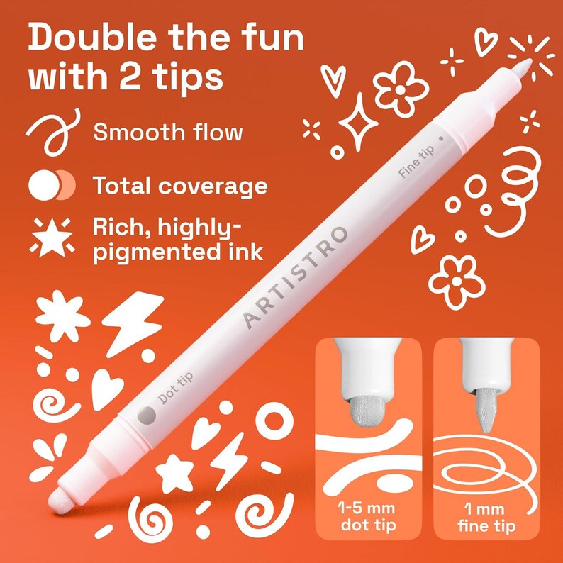 May include: A white ARTISTRO marker with a fine tip and a dot tip, against an orange background. The marker has the text "ARTISTRO" printed on it. The image also shows the tip sizes: 1-5 mm dot tip and 1 mm fine tip.