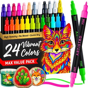 May include: A collection of 24 vibrant coloured markers, with a black box displaying "24 Vibrant Colors MAX VALUE PACK". The image also features a colourful fox illustration and two markers labelled "DOT" and "FINE".