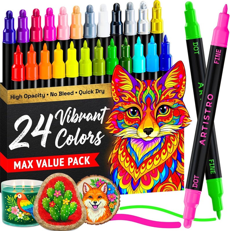 May include: A collection of 24 vibrant coloured markers, with a black box displaying "24 Vibrant Colors MAX VALUE PACK". The image also features a colourful fox illustration and two markers labelled "DOT" and "FINE".