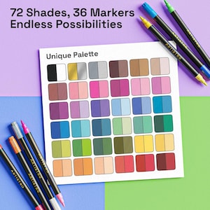 May include: A unique palette of 72 shades is displayed with 36 markers. The text reads "72 Shades, 36 Markers, Endless Possibilities" and "Unique Palette". The markers are black with colored tips and the palette features a variety of colors.