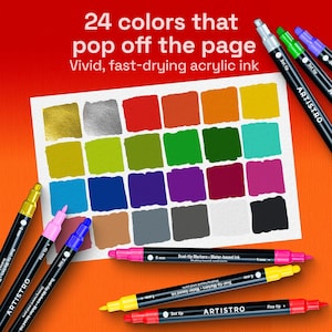May include: A selection of ARTISTRO dual-tip markers, showcasing 24 vivid colours. The image displays a colour palette of painted squares in various shades, with the text "24 colours that pop off the page." The markers are black with colour-coded tips.