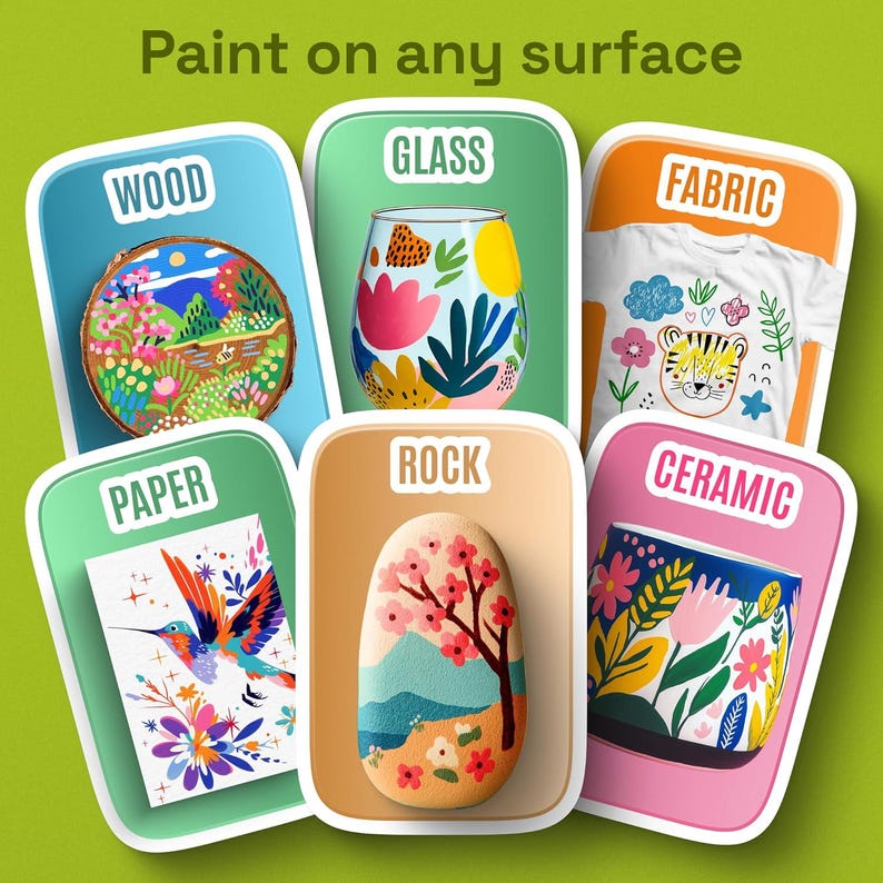 May include: Image showing painted art on wood, glass, fabric, paper, rock, and ceramic. Each surface displays colourful floral and nature-themed designs, with the text "Paint on any surface" at the top.
