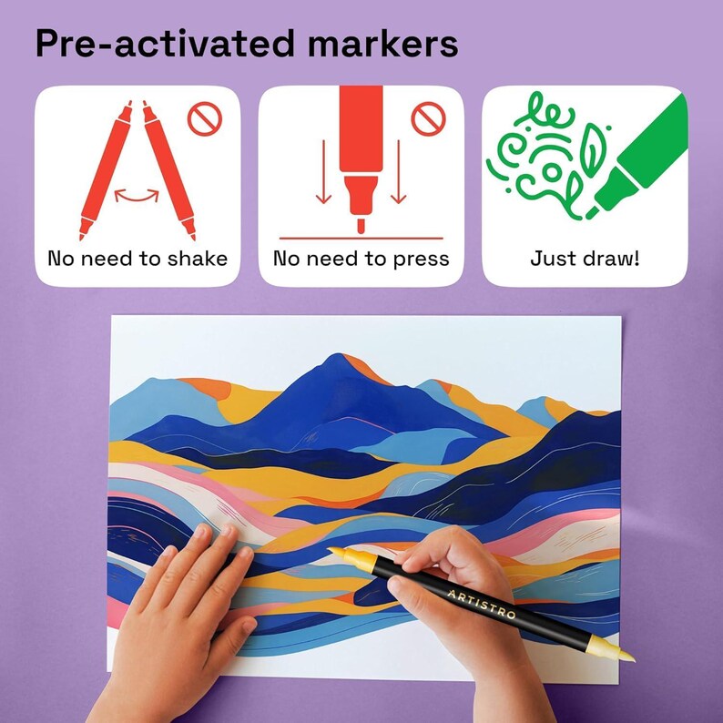May include: A child's hands holding a black and yellow ARTISTRO marker, drawing on a colorful landscape illustration. The image includes text: "Pre-activated markers. No need to shake. No need to press. Just draw!"