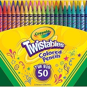 May include: A box of Crayola Twistables colored pencils. The box is yellow with the Crayola logo and the words "Twistables Colored Pencils" and "The Big 50". The pencils are arranged in rows, with a variety of colors visible.