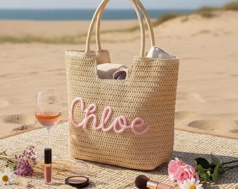Personalized Straw Tote Bag, Custom Beach Bag, Bridesmaid Gift, Girls Trip Tote, Bachelorette Favor