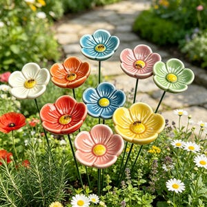 May include: A selection of vibrant ceramic flower garden stakes. The stakes have flower-shaped heads in various colours, including white, orange, red, blue, pink, yellow, and green, each with a yellow centre and a small bee detail. The stakes are set in a garden.