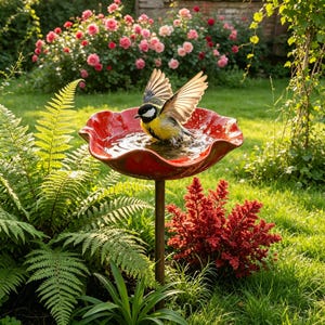 Handgjord fågelbadsstång med blommor, vattenbassäng för fåglar och stång, trädgårdsdekoration med metallstång för gården | Uteplats