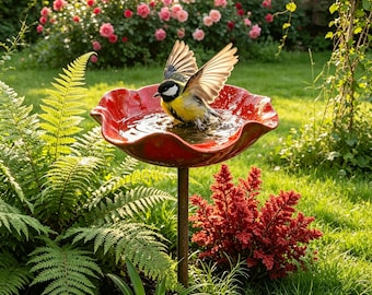 Estaca de jardín con bebedero para pájaros y flor, hecha a mano, cuenco de agua para pájaros y estaca, decoración de jardín exterior con estaca de metal para patio/terraza.