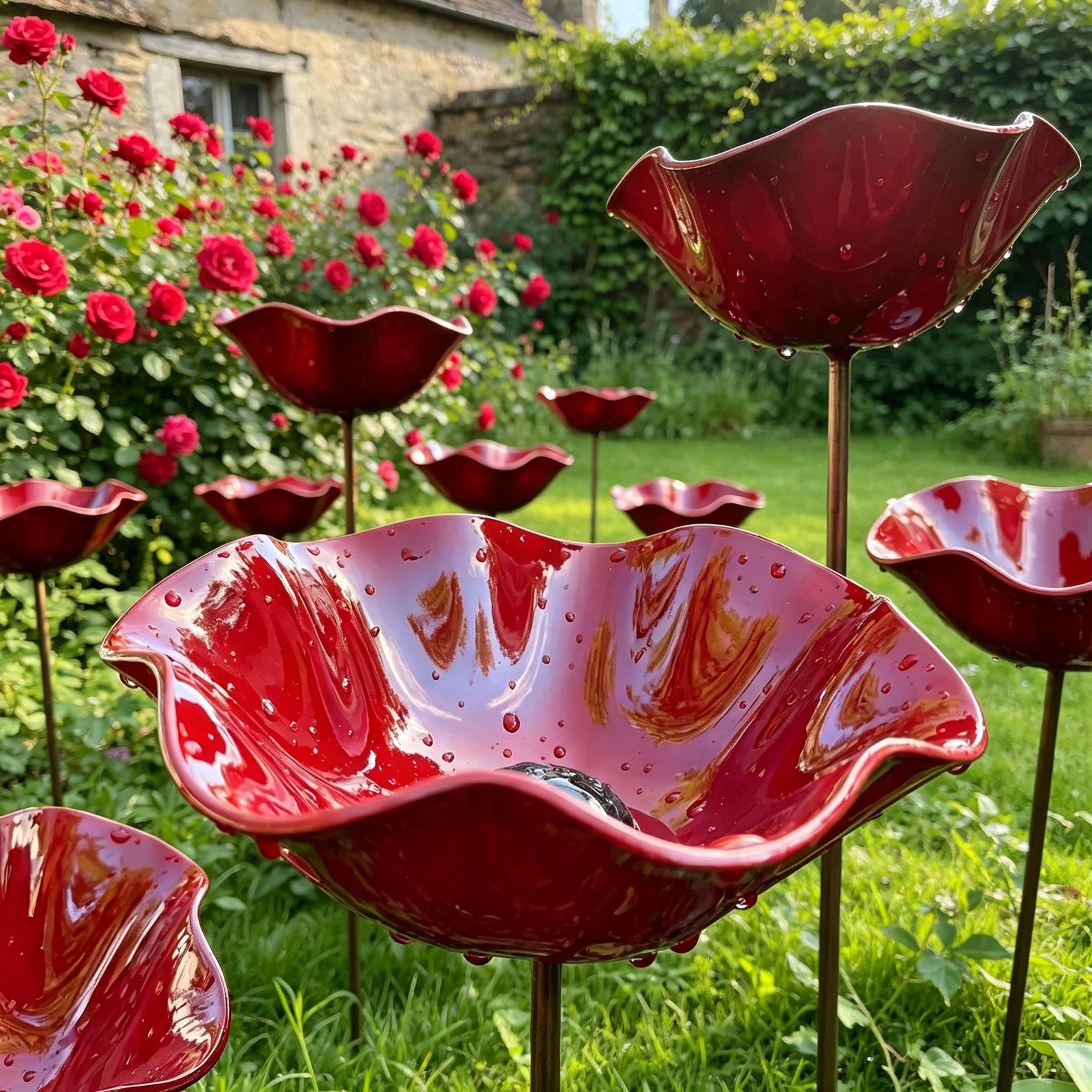 Handcrafted Flower Bird Bath Garden Stake, Water Basin for Birds