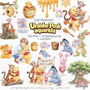 May include: Watercolor illustrations of Winnie the Pooh characters, including Pooh Bear, Tigger, Piglet, Eeyore, and Rabbit. The image features honey pots, balloons, and a birthday banner. Text includes "Ursinho Pooh aquarela" and "Happy Birthday."