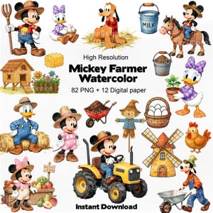 Könnte beinhalten: Eine Aquarellillustration mit Micky Maus und Freunden zum Thema Bauernhof. Das Bild zeigt Micky Maus, die einen gelben Traktor fährt, Daisy Duck mit einer Topfpflanze und Pluto. Der Text lautet "Mickey Farmer Watercolor".