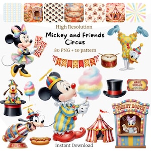Puede incluir: Una colección digital de gráficos con temática de circo de Mickey y sus amigos que incluye personajes con trajes coloridos, una taquilla, una carpa de circo, un tambor, un sombrero de copa, algodón de azúcar y banderines con el texto Mickey and Friends Circus.