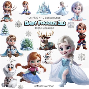 Pode incluir: Uma imagem digital para download com personagens do filme de animação "Frozen". A imagem inclui Elsa, Anna, Olaf e Kristoff, juntamente com flocos de neve e um castelo. O texto na imagem diz "BABY FROZEN 3D" e "Download instantâneo."