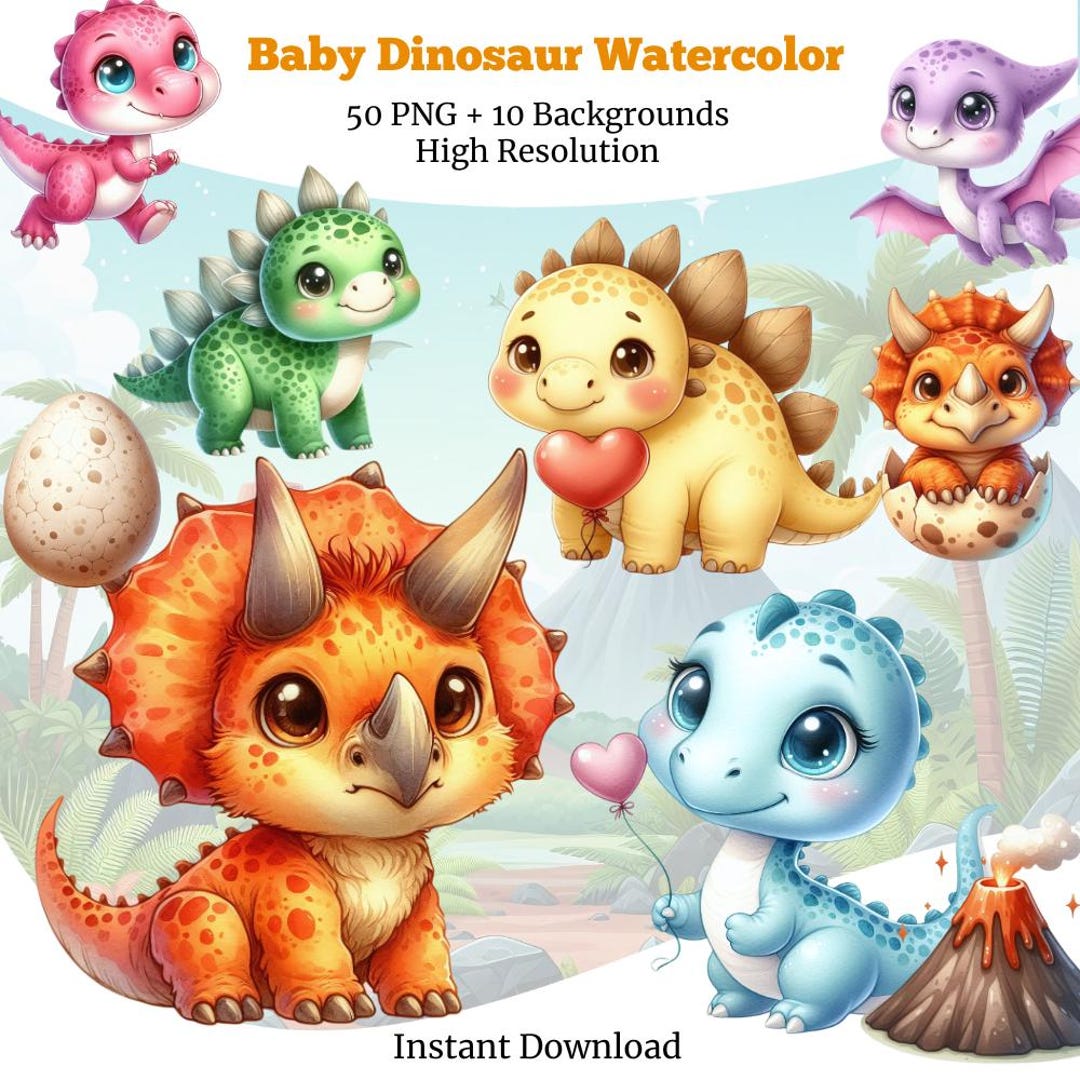 Baby Dinosaur Watercolor Clipart PNG | Cute Dino Digital Kit | Dinosaur ...