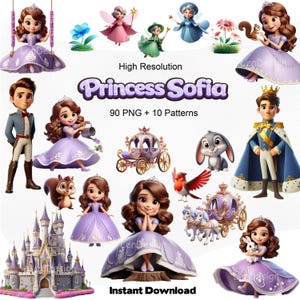 Peut inclure: Illustrations numériques de la Princesse Sofia et d'autres personnages, dont un château, un carrosse, des fées, un écureuil, un lapin et un oiseau. Le texte sur l'image indique "Princess Sofia", "High Resolution", "90 PNG + 10 Patterns" et "Instant Download".