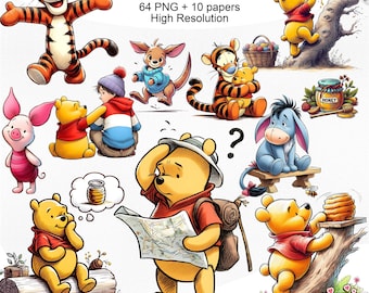 May include: A collection of Winnie the Pooh characters, including Tigger, Piglet, Eeyore, and Winnie the Pooh himself, in various poses. The image includes the text "Winnie the Pooh" and "Instant Download". The characters are set against a white background.