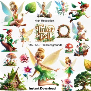 May include: A digital download featuring illustrations of Tinker Bell and Peter Pan characters. The images include fairies, Peter Pan, mushrooms, flowers, and a fairy house. The text reads "Tinker Bell", "High Resolution", and "Instant Download".