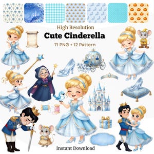 Cute Cinderella Digital Kit, Baby Cinderella Clipart, Cute Cinderella PNG, Princess Birthday Printable Bundle, Fairytale Party Decor