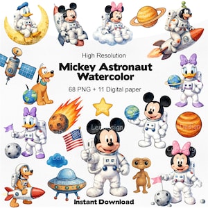 Könnte beinhalten: Aquarellillustrationen von Mickey Mouse, Minnie Mouse, Donald Duck, Pluto und Daisy Duck in Astronautenanzügen, zusammen mit Planeten und Raketen. Der Text "Mickey Astronaut Watercolor" und "Instant Download" ist ebenfalls sichtbar.