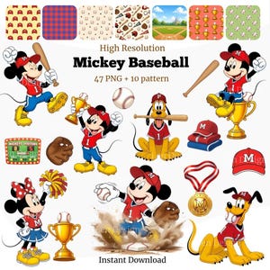 Peut inclure: Une collection numérique d'illustrations sur le thème du baseball avec Mickey Mouse et Pluto, incluant des personnages en uniformes rouge et bleu, des balles, des battes, des trophées, des médailles, des casquettes et des motifs avec le texte Mickey Baseball.