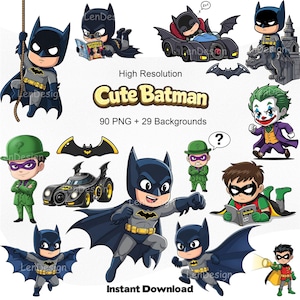 Pode incluir: Uma coleção de ilustrações de desenhos animados com Batman e personagens relacionados. As imagens incluem Batman em várias poses, o Batmóvel, o Coringa e Robin. O texto "Cute Batman" e "Instant Download" também são visíveis.