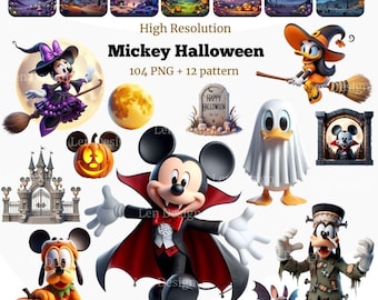 May include: A digital collection of 104 PNG files and 12 patterns titled Mickey Halloween. The set features cartoon characters in costumes, including a vampire mouse, a ghost duck, a witch, and a monster, alongside pumpkins and a tombstone.