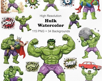 May include: A digital collection of Hulk illustrations featuring the green character in various action poses, including lifting a car, holding a boulder, and interacting with other heroes. Text includes High Resolution Hulk Watercolor 115 PNG + 34 Backgrounds and Instant Download.