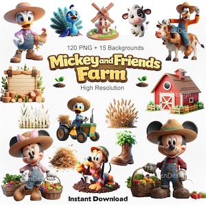 Mickey and Friends Farm Clipart PNG | bundle Mickey Farm Party Digital Kit | Barnyard Animals Birthday Decor, Cute Country, Instant Download