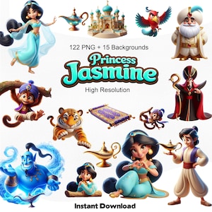 May include: A digital art collection featuring Princess Jasmine and other characters from the animated film. The image includes illustrations of a palace, a magic carpet, a tiger, a monkey, and a genie. Text reads "Princess Jasmine" and "Instant Download."