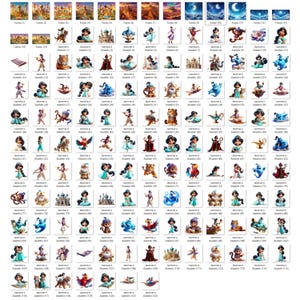May include: A collection of digital illustrations featuring characters and scenes from the animated film Aladdin. The images include characters like Jasmine, Aladdin, and Genie, along with various backgrounds and settings from the movie.
