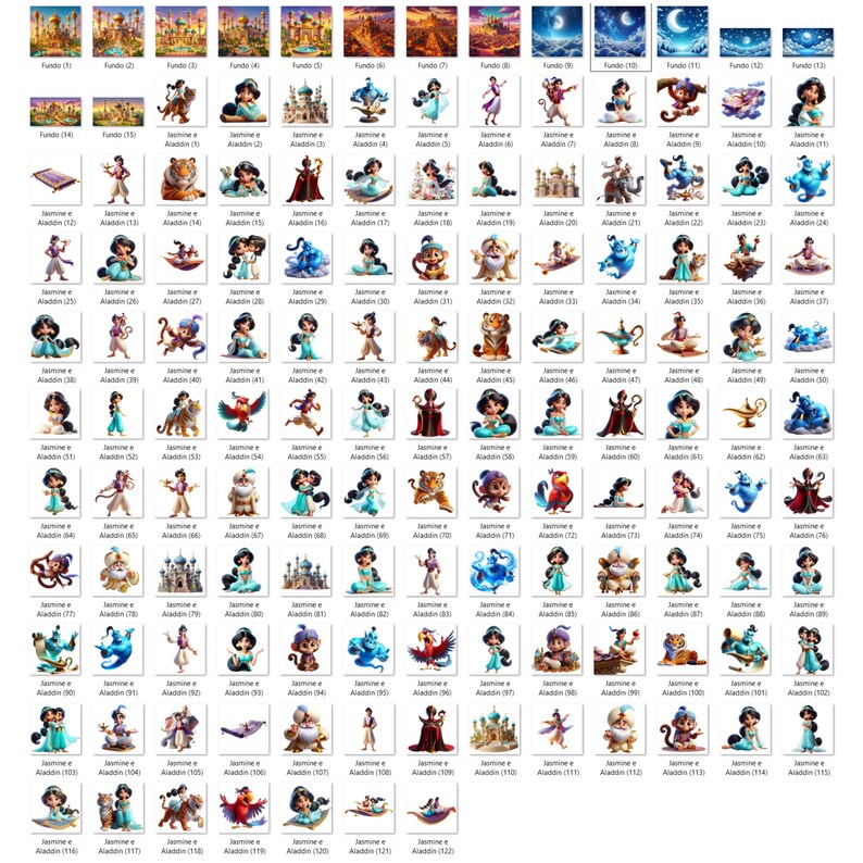 May include: A collection of digital illustrations featuring characters and scenes from the animated film Aladdin. The images include characters like Jasmine, Aladdin, and Genie, along with various backgrounds and settings from the movie.