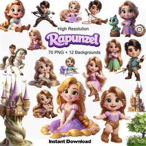 Puede incluir: Una colección de arte digital con ilustraciones de Rapunzel y personajes relacionados. Las imágenes incluyen a Rapunzel en diferentes poses, un castillo y el texto "Rapunzel", "High Resolution" e "Instant Download".