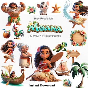 Vaiana Clipart PNG | Digitalt kit med tropisk prinsessa | Dekoration för födelsedagsfest med ö och hav | Grafik med polynesiskt tema | Direkt nedladdning