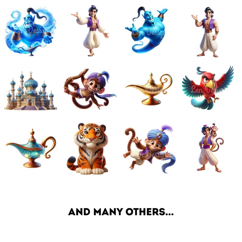 May include: A collection of colorful illustrations featuring characters and elements from a fantasy story. The image includes a genie, a palace, a monkey, a tiger, a parrot, and a magic lamp. The text "AND MANY OTHERS..." is also present.