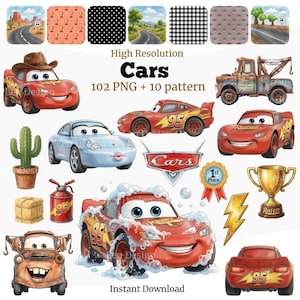 Puede incluir: Una colección digital de gráficos con temática de Cars que incluye coches de carreras rojos con el número 95, una grúa oxidada, un coche deportivo azul claro, un cactus, una paca de heno, una lata de aceite roja, un trofeo y un rayo.