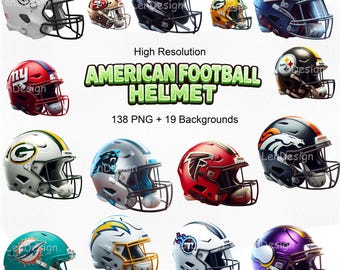 May include: A collection of American football helmets in various team colors and designs. The image includes helmets with team logos and the text "AMERICAN FOOTBALL HELMET". The helmets are available as a digital download.