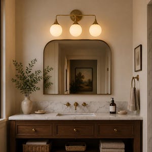 May include: A bathroom vanity featuring a dark wood cabinet with three drawers, a white marble countertop, and an integrated sink. Above the vanity is an arched mirror and a three-light brass fixture with spherical white glass globes.