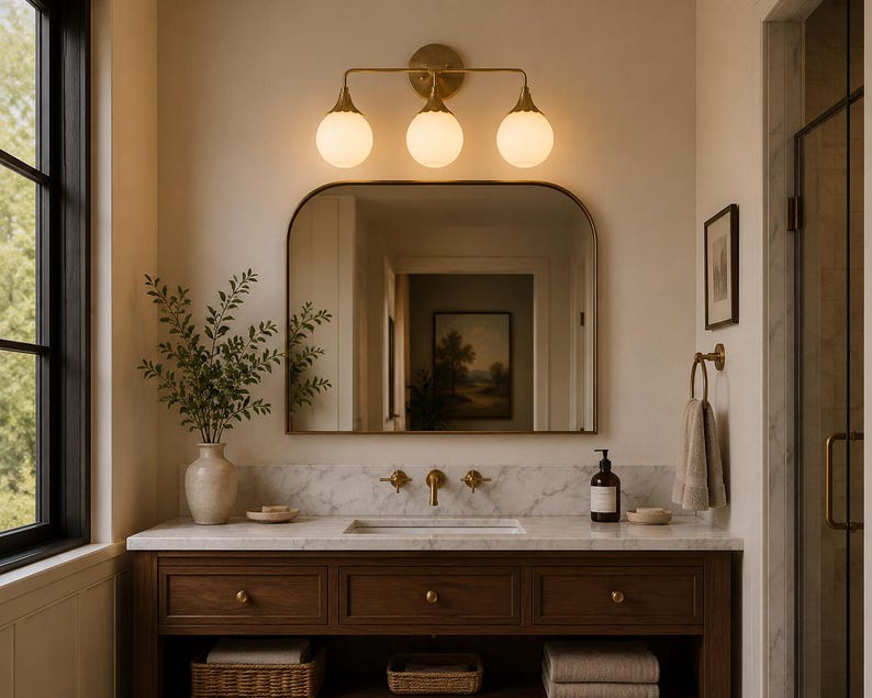 May include: A bathroom vanity featuring a dark wood cabinet with three drawers, a white marble countertop, and an integrated sink. Above the vanity is an arched mirror and a three-light brass fixture with spherical white glass globes.