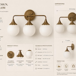 May include: A three-light wall fixture with an antique brass finish and frosted glass globes. The fixture measures 22 inches wide, 12 inches high, and 7 inches deep. It features a solid brass construction and requires three E26 bulbs.