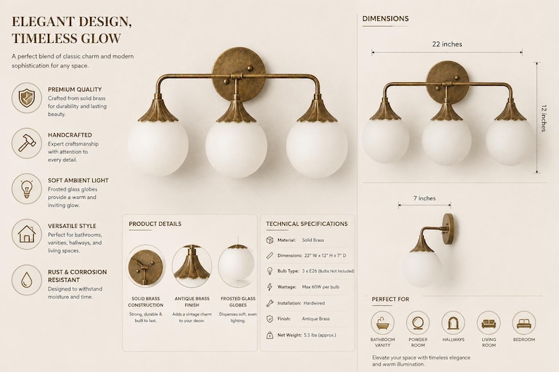 May include: A three-light wall fixture with an antique brass finish and frosted glass globes. The fixture measures 22 inches wide, 12 inches high, and 7 inches deep. It features a solid brass construction and requires three E26 bulbs.