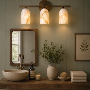3 Light Vanity Fixture,Linear Alabaster Wall Sconce,  Antique Brass Modern Interior Decor, Marble Bathroom Lighting