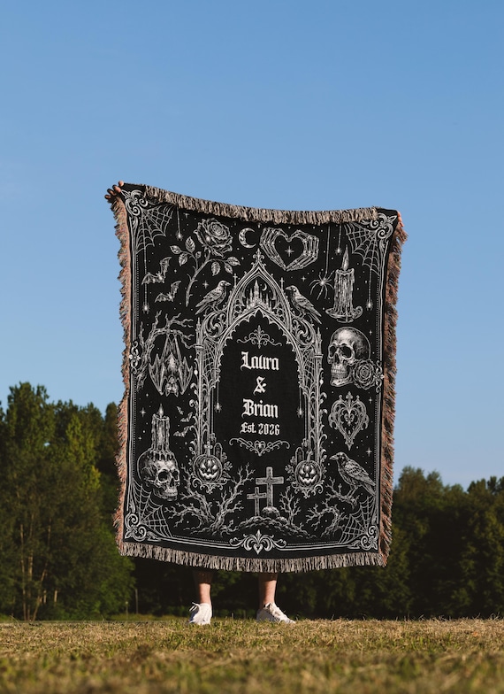 Personalized Halloween Woven Blanket, Gothic Couple Gift, Custom Couple Name Throw, Spooky Wedding Anniversary Gift, Gothic Home Decor