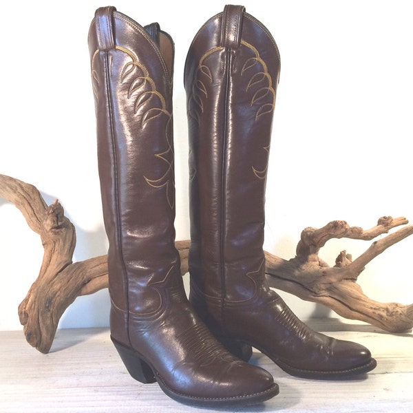 Vintage Cowboy Boots, Tall Tony Lama Black Label Brown All Leather, Tall Riding Heel, Women's size 4.5 B