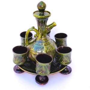 Emerald Green Moroccan Ceramic Drink Set – Vintage Pottery Pitcher, 6 Goblets, Tray _ handmade Carving.