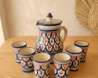 Set di brocca e tazze in ceramica marocchina fatte a mano, tazza in terracotta, regali per l'inaugurazione della casa, decorazioni per il bagno, caraffa da comodino, piatto in ceramica, arte ceramica